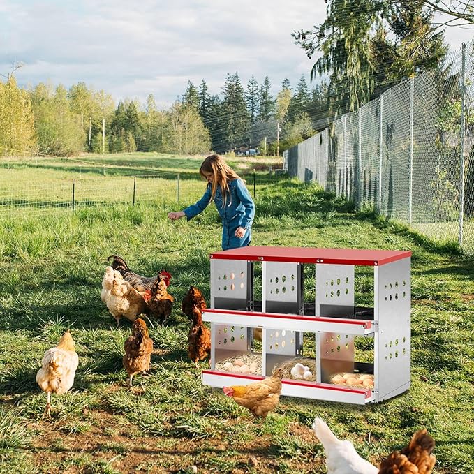Chicken Nesting Boxes, 6 Compartment Poultry Brooder Box with Baffle, Rolling Egg Collection, Strong and Durable, Ventilated Bottom, Chicken Laying Box, for Hen, Chicken Coop, Easy to Clean (Red)