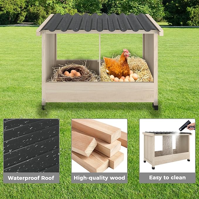 Chicken Nesting Box, 2 Holes Wooden Nesting Box, Hens-Wall Mounted or Floor Use, Chicken Coop Accessorie with PVC Roofing, Preventing Egg Falls, Easy to Assemble, Backyard and Farms