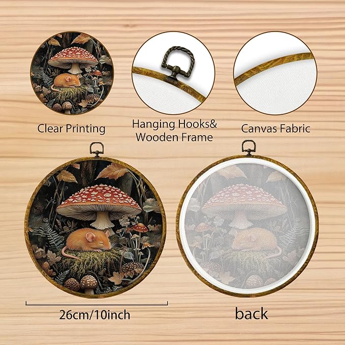 Hiuwevt Fantastic Forest Mushroom Rat Round Wall Art Decor, Mystical Woods Fern Plant Hanging Canvas Prints Artwork Framed, Cottagecore Mushroom Botanical Circular Wall Decor for Home, 10x10 Inch