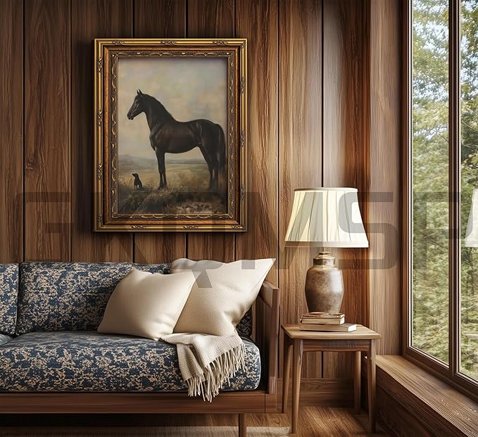 Vintage Gold Framed Horse Wall Art Horse and Dog Canvas Wall Decor Retro Rustic Farmhouse Animal Picture Rustic Horses Poster Artwork for Home Living Bedroom Farmhouse Hallway 12x16in