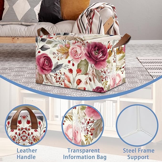 Vintage Pink Flower Storage Baskets,Foldable Large Capacity Organizer Bins with Waterproof Lining and Leather Handles for Closet,Shelf,Bedroom 17x11.5x10Inch