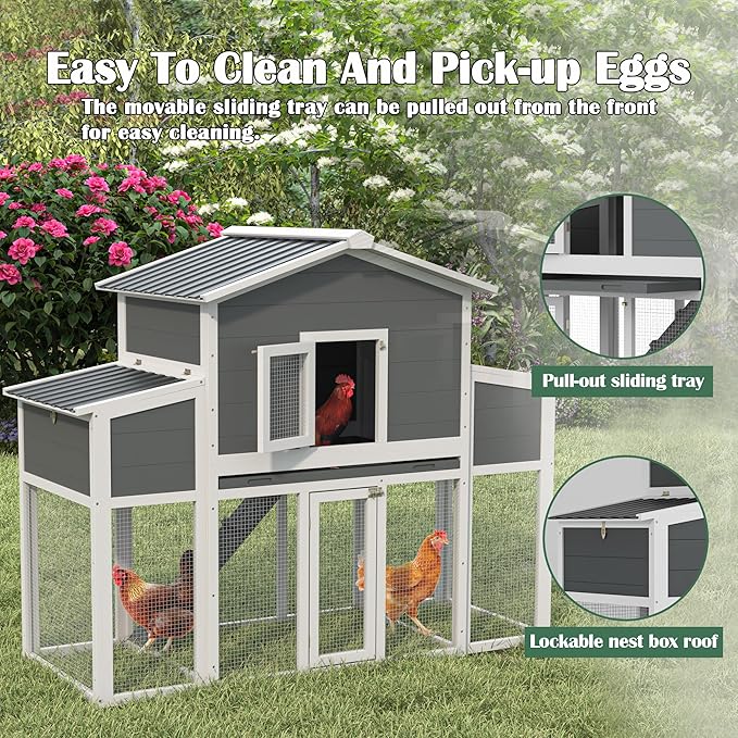 Wooden Chicken Coop with Run, Outdoor Chicken House with 2 Nest Boxes for 2-6 Chickens, Outside Hen House Poultry House Pet Hutch Chicken Cage with Waterproof Roof & Ramp, (66''LX32''WX53''H)