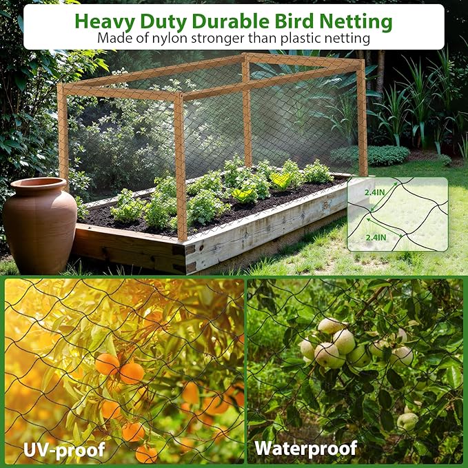 Unves Bird Netting 25' x 50' with 2.4" Square Mesh Bird Net for Chicken Coop, Heavy Duty Nylon Poultry Netting for Garden Protect Fruit Trees, Vegetables and Plants Against Birds, Deer