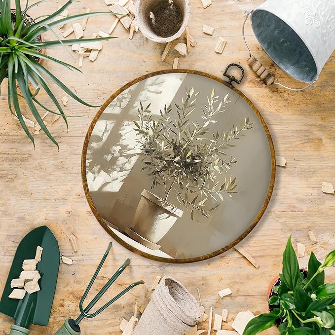Hiuwevt Vintage Rustic Olive Tree Round Wall Art Decor, Country Neutral Botanical Framed Canvas Prints, Antique Vase Cottagecore Round Wall Hanging Decor for Home Kitchen Decorations, 10x10 Inches