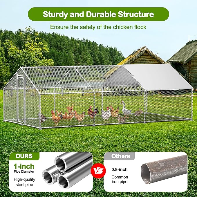 Large Metal Chicken Coop,19.7'L x 9.8'W x 6.6'H Chicken Run,Walk in Chicken Pen with Cover for Yard,Large Poultry Cage for Duck Rabbit