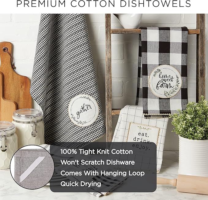 DII Home Sweet Farmhouse Kitchen Collection, Dishtowel Set, 18x28, Black, 4 Count