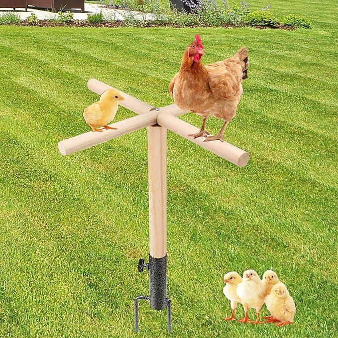 Chicken Perch Toys for Coop, Chick Perch Stand Wooden with Metal Ground Plug Chicken Roosting Bar Ladder Backyard Playground Suitable for Poultry Rooster Chicks Large Bird Parrot