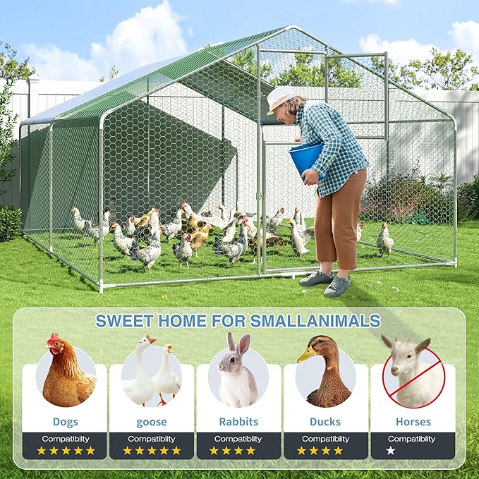 Polar Aurora Metal Chicken Coop, Large Outdoor Chicken Pen, Walk-in Chicken Run for 6-20 Chickens, Double Door Chicken House with Waterproof UV Protection Cover for Backyard (Spire-M)