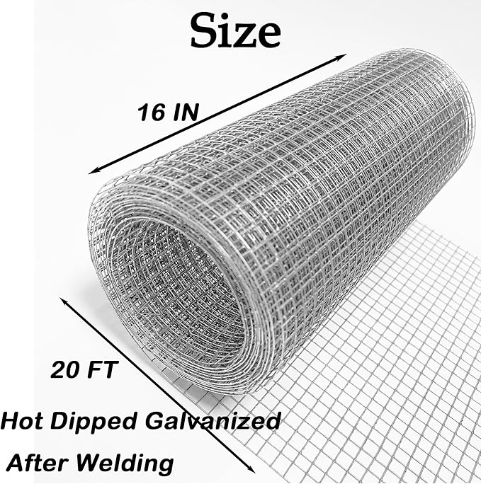 Hardware Cloth 1/4 inch 16INx20FT Galvanized After Welding 23 Gauge,Chicken Wire Mesh Screen Fence Wire Mesh Roll for Chicken Pen/Coop Fences, Garden Fences,Poultry Netting Cage