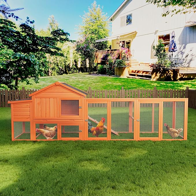 Large Wooden Chicken Coop Outdoor Hen House with Run, Waterproof Roof & Nesting Box, Secure Lock, Removable Tray, Ramp & Perch for 2–4 Chickens or Small Pets (Natural, 113.5")