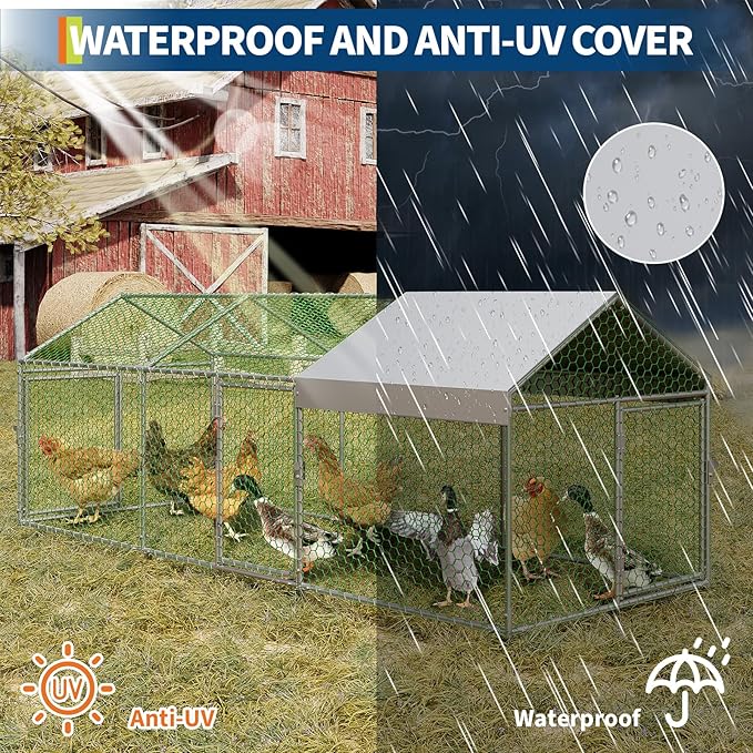 Metal Chicken Coop with Waterproof and Anti-UV Cover, Large Chicken Run with 3 Doors, Chicken Runs for Yard, Walk in Poultry Cage for Rabbit Duck Goose, Silver, 120" x40" x40"