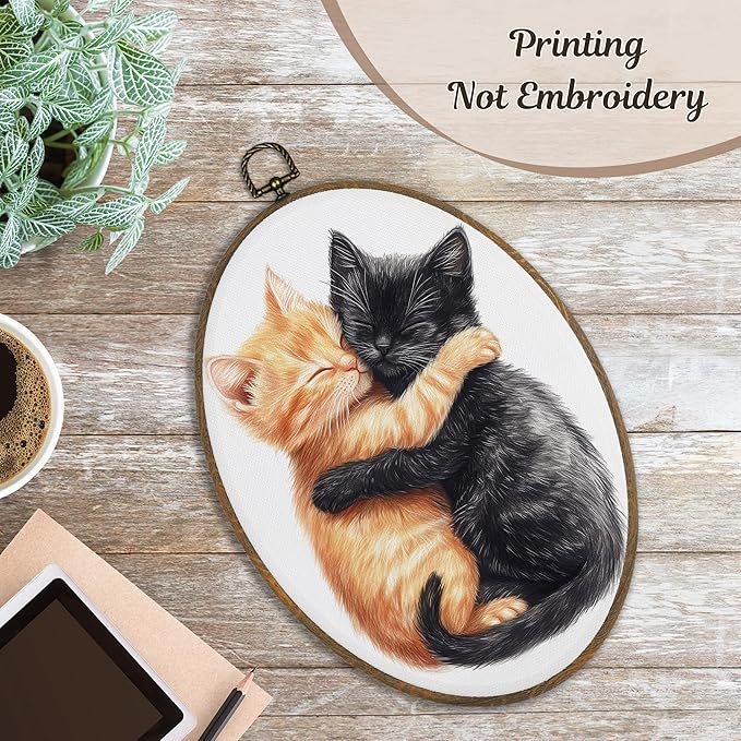 LKETW Orange and Black Cat Oval Wall Art Decor, Cute Tabby Cat Hugging Oval Canvas Hanging Decor, Kitten Wall Decorations for Home Bedroom Living Room Bathroom Office, 8.6x11.4 Inch