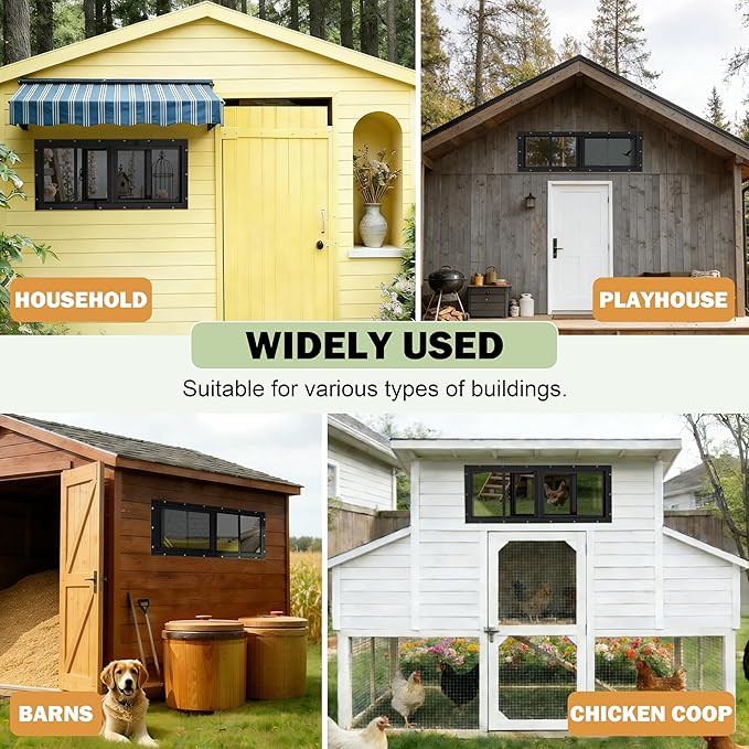 2 Pack Shed Windows, 10"x 23" Black Sliding Window Suitable for Chicken Coop, shed, Household, Barn - Transom Window with Tempered Glass and Fiberglass Screen (BK,10''x 23'')