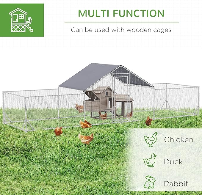 PawHut Large Chicken Coop Metal Chicken Run for Chickens with Waterproof and Anti-UV Cover, Spire Shaped Walk in Fence Cage Hen House for Outdoor and Yard Farm Use, 1" Dia, 23' x 6.6' x 6.4'