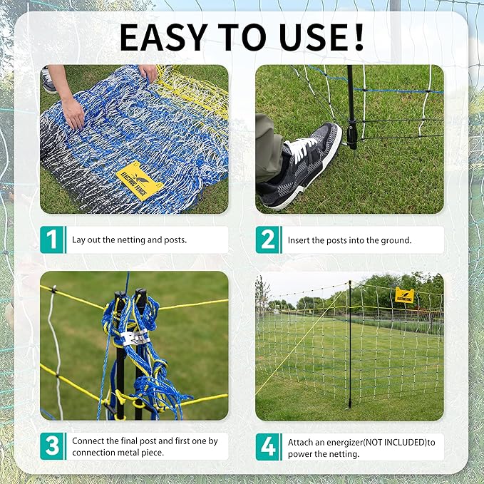 Highly Visible Blue Electric Fence Netting, 49.6" H x 164' L, Portable Livestock Nets Mesh for Goats, Sheep, Hogs, Dog, Electric Fencing for Backyards, Homesteaders, Farms Ranches, and Gardens