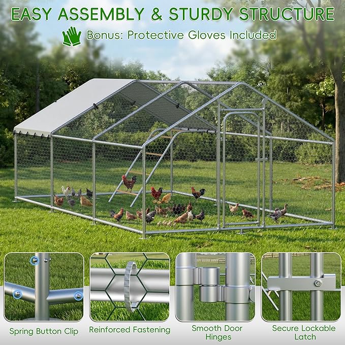 Large Metal Chicken Coop with Roosting Perch, Waterproof and UV-Resistant Cover,Outdoor Walk-in Cage Hen House for Yard Farm Rabbit Duck Chicken Run with Spire Roof (10'W x 19.7'L x 6.4'H)