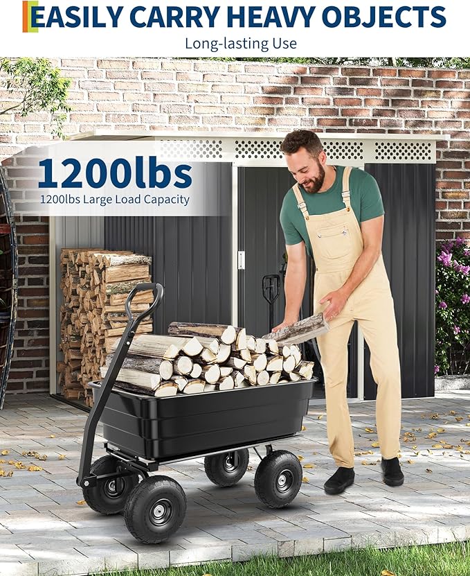 Heavy Duty Poly Garden Dump Cart 1200 lbs, 125L Utility Wagon Wheelbarrow with 10" All-Terrain Tires, Quick Release, 180° Adjustable Handle for Yard, Lawn, Landscaping, Black | 1200 lbs. load capacity
