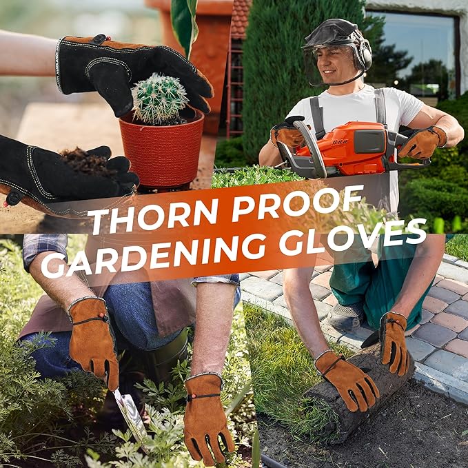 HANDLANDY Leather Work Gloves for Men and Women, Utility Tough Cowhide Glove