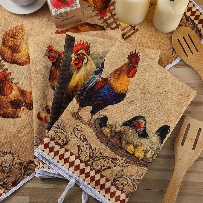 Geyoga 4 Pcs Chicken Kitchen Towels Rooster Dish Hand Towels Farm Animal Cow Vintage Rustic Tea Cloth for Spring Easter Bathroom Farmhouse Decor Gifts, 16 x 24 Inch(Classic Color,Rooster)