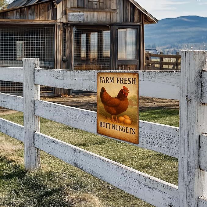 Funny Chicken Coop Metal Signs, Farm Fresh Butt Nuggets Sign, Chicken Mom Gifts for Women, Farmhouse Wall Art Decor for Barn, Garden, Outdoor, Kitchen - 8x12 Inch