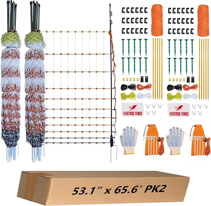 Poultry Electric Netting Fence - 41.3''H (can be Manually Raised to 53.1''H) x 65.6'L for Flying Chicken, Sheep, Goats in Farms, Ranches and Gardens, PK2