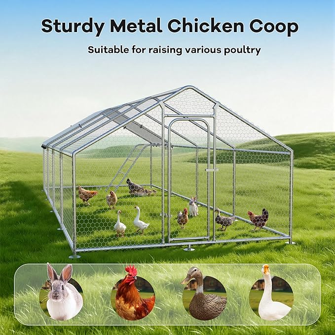 Large Metal Chicken Coop with Roosting Perch, Waterproof and UV Protection Cover, Chicken Run Outdoor Walk-in Cage Chicken Rabbit Duck Hen House for Yard Farm Use Spire Roof (10’ W x 26.2’ L x 6.4’ H)