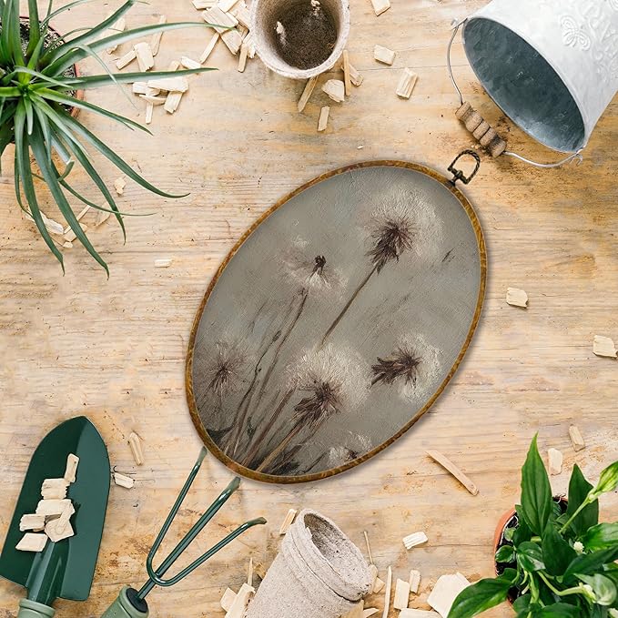 Hiuwevt Vintage Dandelion Floral Round Wall Art Decor, French Country Botanical Framed Canvas Prints, Rustic Cottagecore Round Wall Hanging Decor for Bedroom Room Decorations, 8.6x11.4 Inches