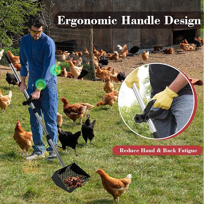 Chicken Poop Scooper and Rack 2-in-1 10'' Metal Coop with 35" to 61" Adjustable Handle, Litter Sifting Shovel Cleaning Tools for Chicken Coop Run,Chicken Coops and Animals House