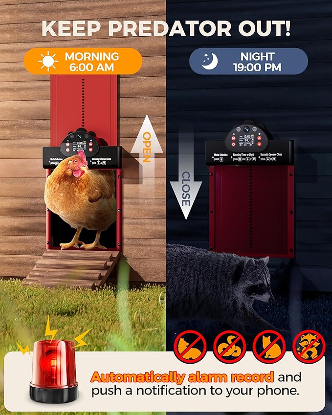 WiFi Automatic Chicken Coop Door with 2K HD Camera, Solar Powered Chicken Door with Anti-Pinch Function, Timer, Security Alarm, 9000mAh Battery, Chicken Coop Accessories