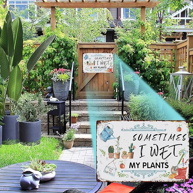 Vintage Garden Metal Signs - Sometimes I Wet My Plants Tin Sign, Retro Rustic Outside Sign Gardening Lover Gifts Fence Decoration Wall Art Decor Plaques 8x12 inch
