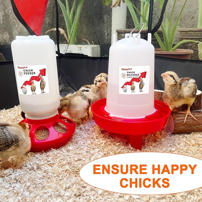 2-in-1 Chick Starter Set: 0.3 Gal Feeder & 0.4 Gal Waterer with Adjustable Legs for Baby Chicks, Hanging Hooks, Anti-Drown Design - BPA-Free Plastic (Red)