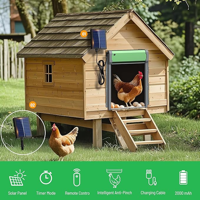 Automatic Chicken Coop Door, Solar Powered Door Opener with Timer & Light Sensor, 4 Modes IP65 External 2000mAh Power Supply Connection with Remote Control & Anti-Pinch Function for Family, Farms