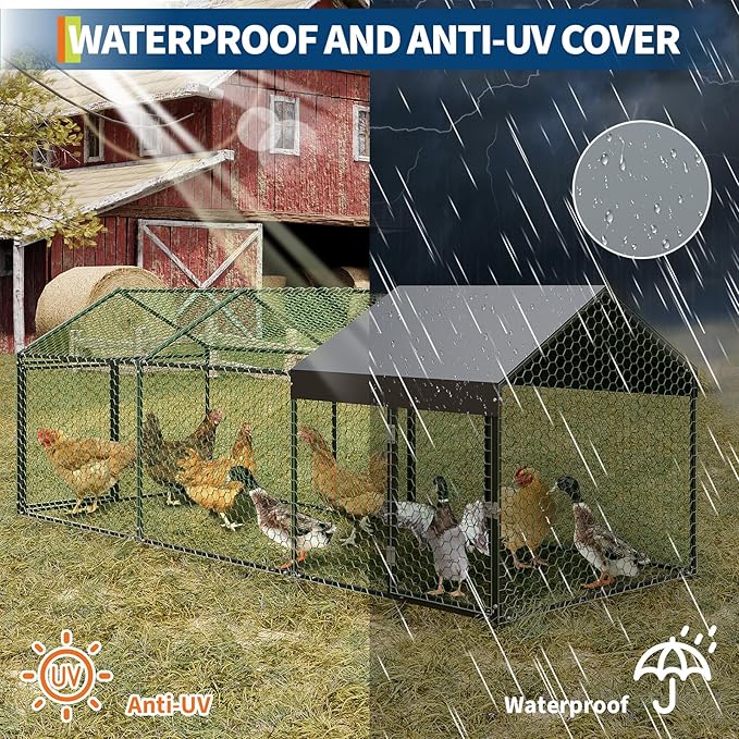 Large Metal Chicken Coop with Waterproof Cover – 120"/160" l x 40" w Chicken Runs for Yard with Cover, Compartments & Doors, Outdoor Chicken Run for Rabbit, Duck, Goose, Backyard Yard (Silver/Black)