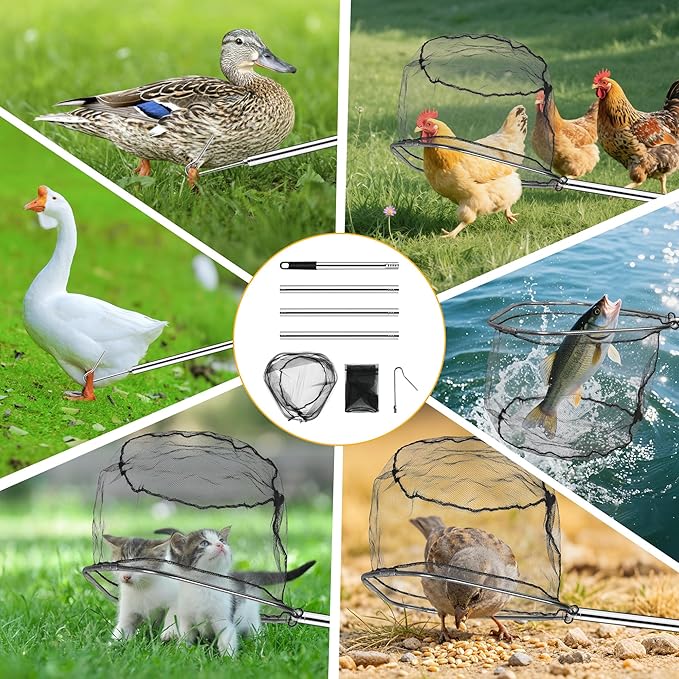 4PCS Chicken Catching Net, Adjustable Chicken Net Catcher, Chicken Catcher Leg Hook, Suitable for Chickens, Birds, Goose, Duckling, Fish, Cats (2 Nets, 1 Pole, 1Hook)