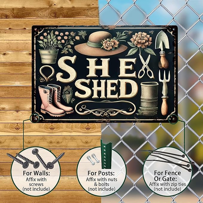 Vintage Garden Metal Signs - She Shed Tin Sign, Retro Rustic Outside Poster Sign Gardening Lover Gifts Fence Decoration Wall Art Decor 8x12 inch