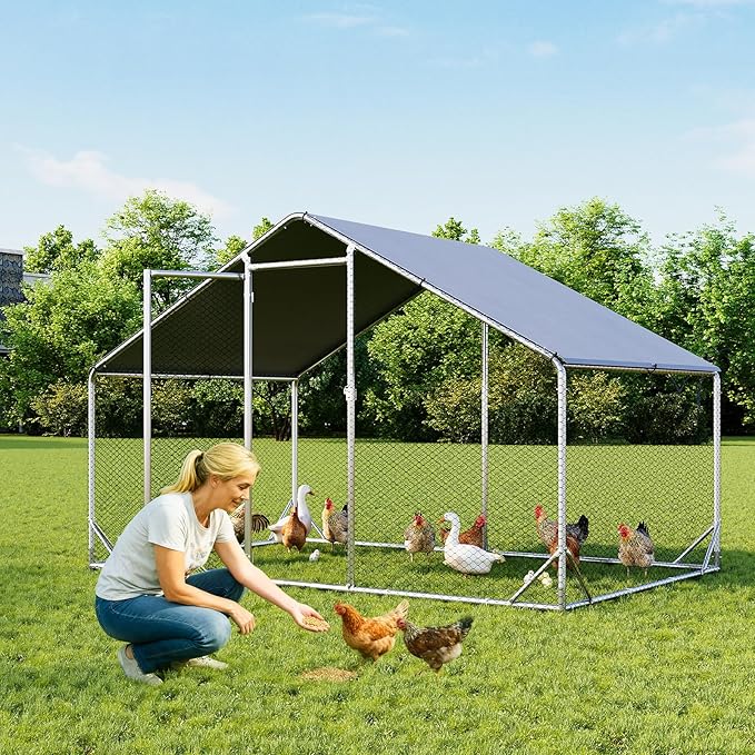Aoxun Metal Chicken Coop, Outdoor Chicken Runs for Yard with Cover, Spire Roof Hen House Enclosure with Security Lock, Walk-in Cage Peak Hen House for Yard Farm (10x6.5x6.4 FT)