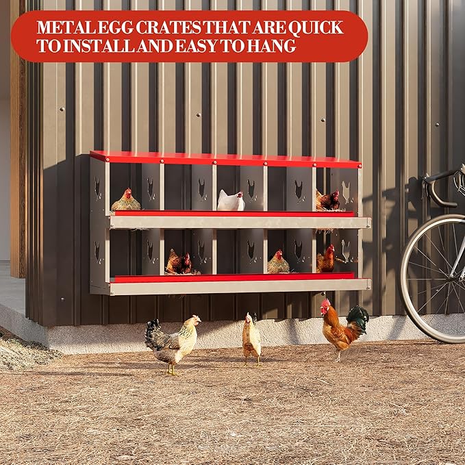 10 Holes Chicken Nesting Boxes, 2 Tiers 10 Compartments Metal Egg Laying Boxes, Wall Mount or Free Standing, Ventilated for Chickens, Hens, Ducks, Farm, Yard, Poultry Coop Accessories, Easy to Clean