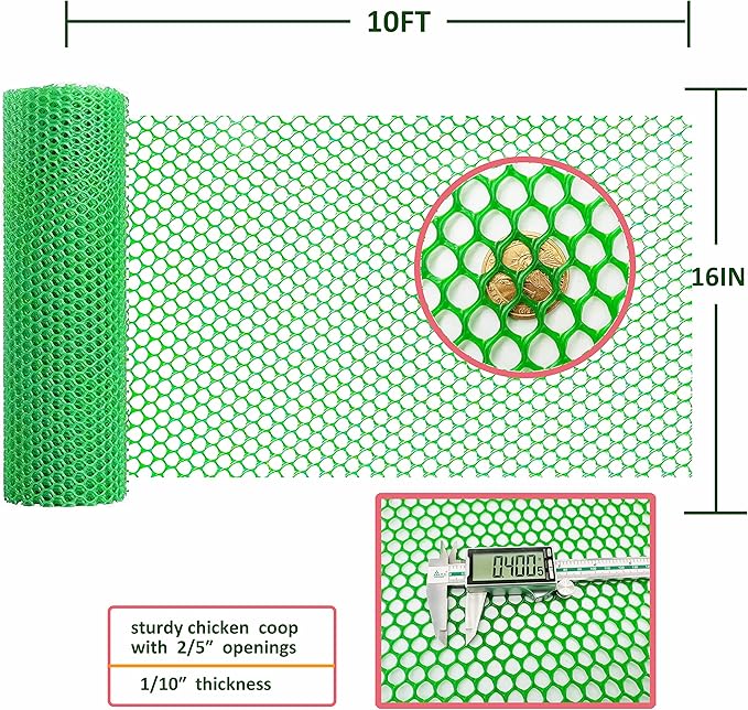 Upgraded Plastic Chicken Wire Fence Mesh(16INx10FT) - Black/Green/White Colors 0.3" Openings,for Garden Net, Poultry Fencing, Chicken Wire Frame,Animal Cage Fence,Floral Netting (Green)…