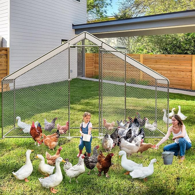 Large Metal Chicken Coop with Waterproof Cover, 10 x6.5 x 6.5 Ft Walk-in Chicken Runs for Yard, Galvanized Wire Poultry Chickens Hen Pen Cage for Backyard Farm