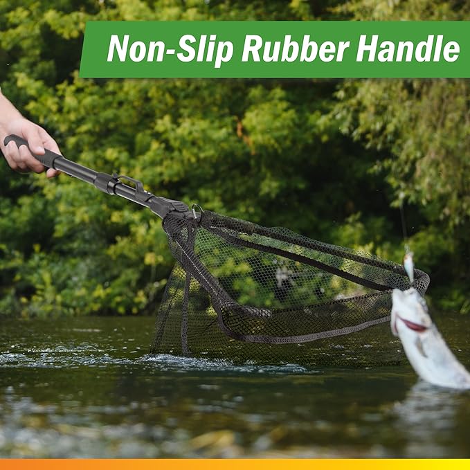 Fly Fishing Net with Handle - Soft Mesh Catch and Release Rubber Fly Fish Net with Lightweight Wood Frame and Safety Lanyard - Landing Bass and Trout Fishing Gear by Wakeman Outdoors