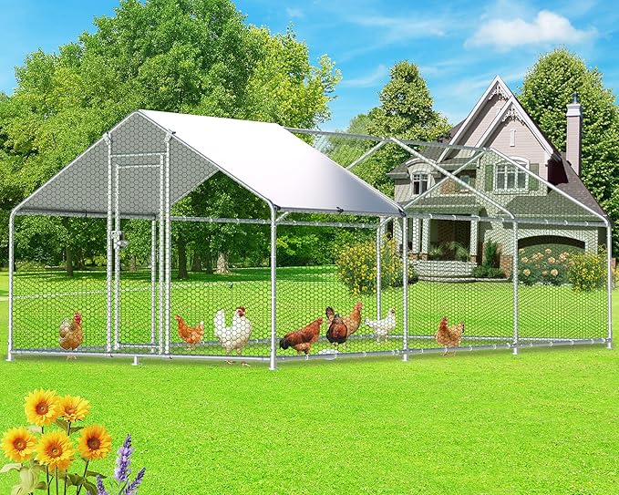 Large Metal Chicken Coop 19.2x9.84x6.6ft Chicken Runs for Yard with Cover, Walk-in Chicken Coops for 20 Chickens, Heavy Duty Chicken Run Lockable Chicken Pen Outdoor Poultry Cage