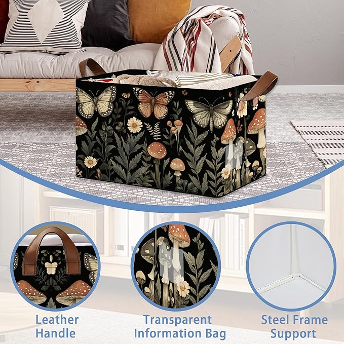 Vintage Mushroom Storage Baskets,Butterfly Plants Foldable Large Capacity Organizer Bins with Waterproof Lining and Leather Handles for Closet,Shelf,Bedroom 17x11.5x10Inch