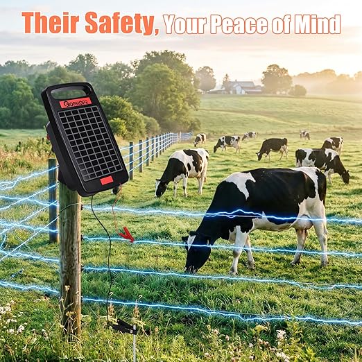 Short-Circuit Alarm 5Miles Solar Electric Fence Charger with Solar Panel,0.11J Solar Powered Fence Charger 24-Hour Protection,Easy to Set up,14-Day Continuous Protection for Livestock