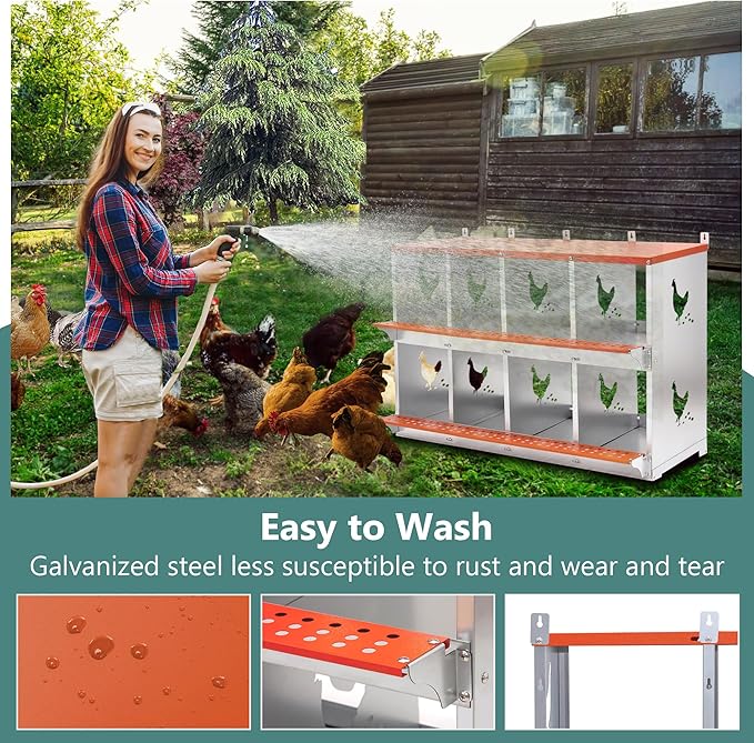 Chicken Nesting Boxes 8 Hole Roll Away Nesting Boxes with Vented Holes & Soft Nesting Pads Wall Mountable Laying Boxes for Hens Easy Egg Collection for Chicken Coop, Backyard, Farms, Orange