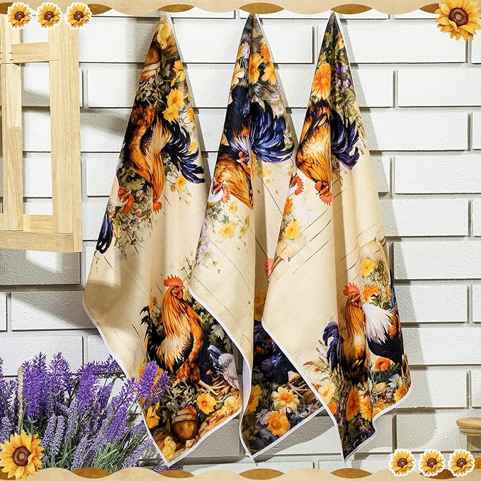 Bencailor 6 Pcs Farmhouse Kitchen Towels Chicken Rooster Kitchen Decor Farm Animal Hand Towels for Cooking Baking Housewarming Gift,15.75 x 23.62 inch(Fresh Color,Daisy Rooster)