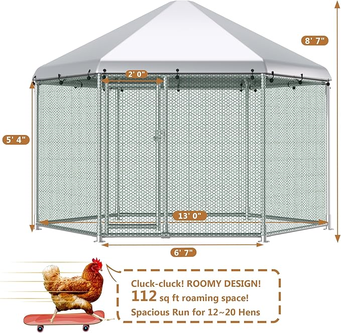 Large Metal Chicken Coop Run, 13 ft Hexagon x 8.6 ft H Chicken Runs for Yard with Cover, Outdoor Walk-in Chicken Pen for 12–20 Hens, Anti-Rust Poultry Cage with Stable Wind-Resistant Design