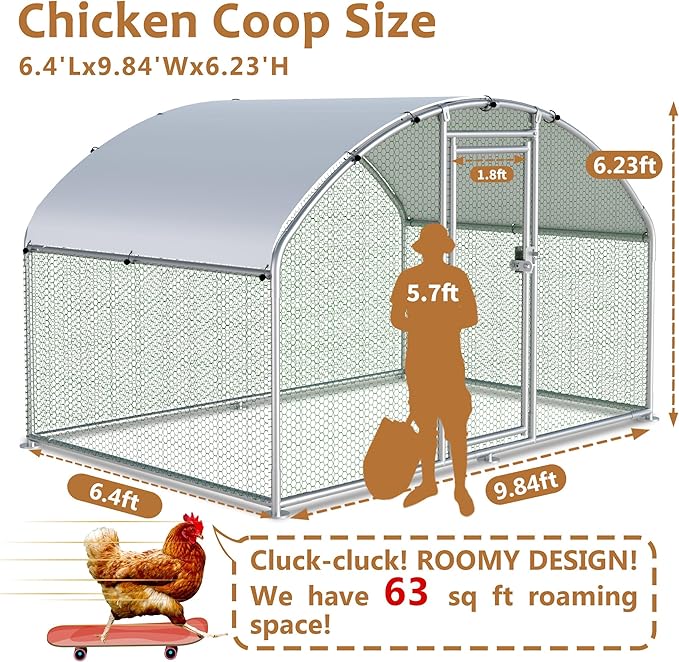 Large Metal Chicken Coop Run, 6.4x9.8x6.2 ft Chicken Runs for Yard with Cover, Walk-in Chicken Pen for 6-12 Hens, Anti-Rust Poultry Cage with Stable Wind-Resistant Dome Roof Design