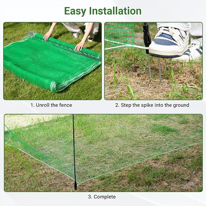 Non Electric Fence Netting 48"x65', Boundary Fence with Double Spiked Posts&Windproof Kit, Portable Poultry Fence for Dogs, Chickens, Ducks, Turkeys Suitable in Backyard, Garden