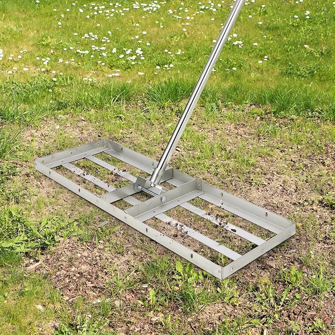 Towallmark 48"×10" Lawn Leveling Rake, Stainless Steel Lawn Leveler Rate, 180° Flexible Rotation & 6FT Extra Long Handle, Heavy-Duty Topdressing Tool for Backyard, Garden, Farm, Golf Course, Pasture