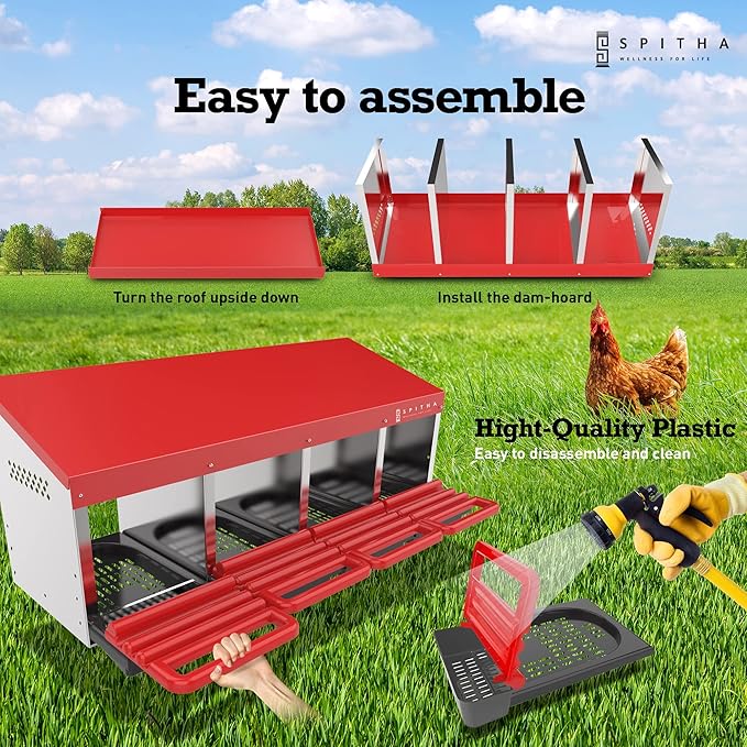 Nesting Boxes for Chickens – 4 Hole Roll Out Chicken Nesting Box with Reverse Egg Collection, Galvanized Steel Coop Nest with Perch, Fits Up to 20 Hens